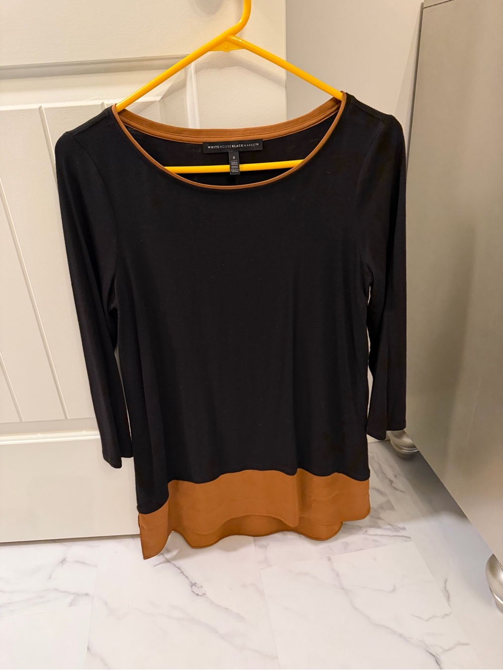 White House Black Market Black Long-Sleeve Top with Brown Trim